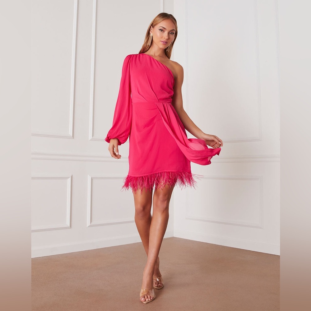 VICI Gaze One Shoulder Feather Bold Hot Pink Mini Party Cocktail Dress - Large - Picture 4 of 8